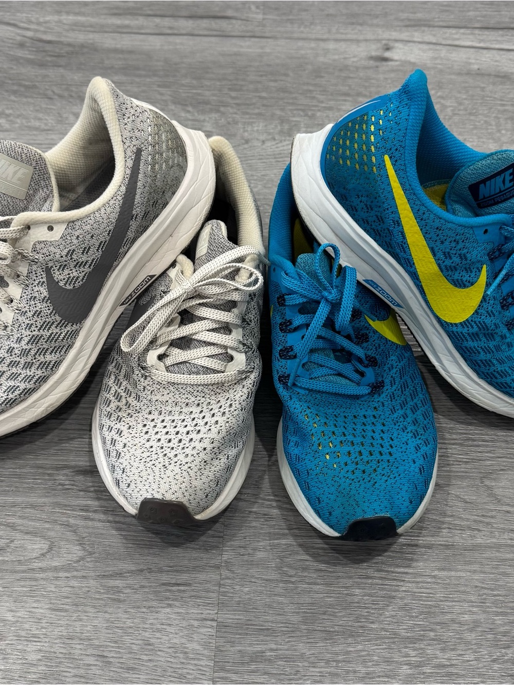 Nike Women's Pair of Running Sneakers in Gray, White & Blue with Yellow Swoosh
